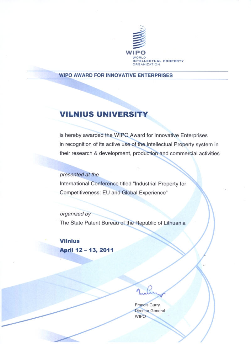 Balandžio 12 d. tarptautinėje konferencijoje „Pramoninė nuosavybė kaip konkurencingumą skatinantis veiksnys“ WIPO apdovanojimas „Trophy for Innovative Enterprises“ kaip inovatyviausiai įmonei įteiktas Vilniaus universitetui. 