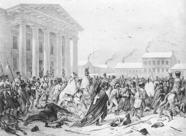 Jono Damelio paveikslas „Prancūzų kariuomenės bėgimas 1812 metais per Rotušės aikštę Vilniuje“.