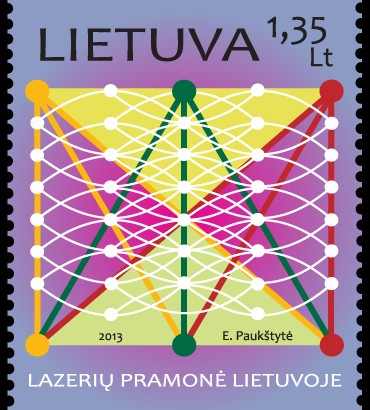 Pašto ženklas „Lazerių pramonė“ iš serijos „Mokslo laimėjimai“. Lietuvos pašto nuotr.