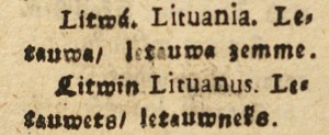 G. Elgerio „Dictionarium Polono-Latino-Lottauicum“ (1683): žodžiai Lietuva, lietuvis lenkiškai, lotyniškai ir latviškai (VUB Retų spaudinių skyrius)