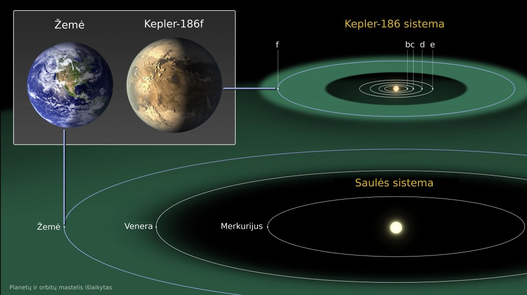 Saulės ir Kepler186 planetų sistemų palyginimas. Žaliai pažymėtos gyvybės zonos, kur gali egzistuoti skystas vanduo. NASA Ames/SETI Institute / JPL-Caltech iliustr.
