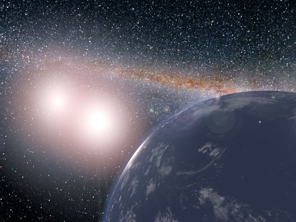 Aplink dvi žvaigždes besisukanti Kepler-16b egzoplaneta. NASA / JPL-Caltech nuotr.